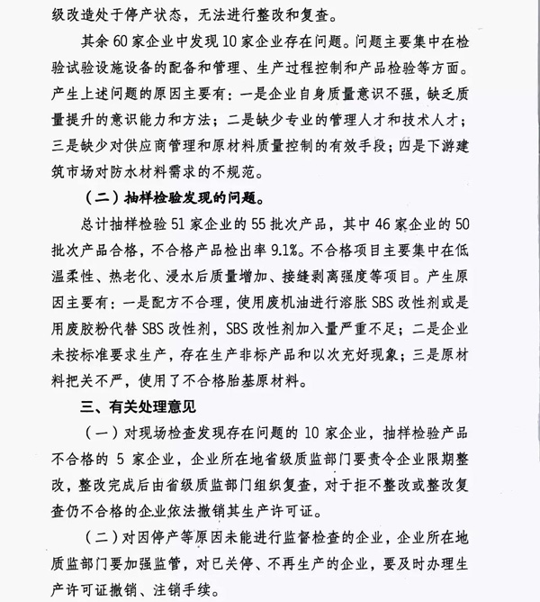 2017防水卷材專項督查結果：10家企業有問題！5批次產品不合格！